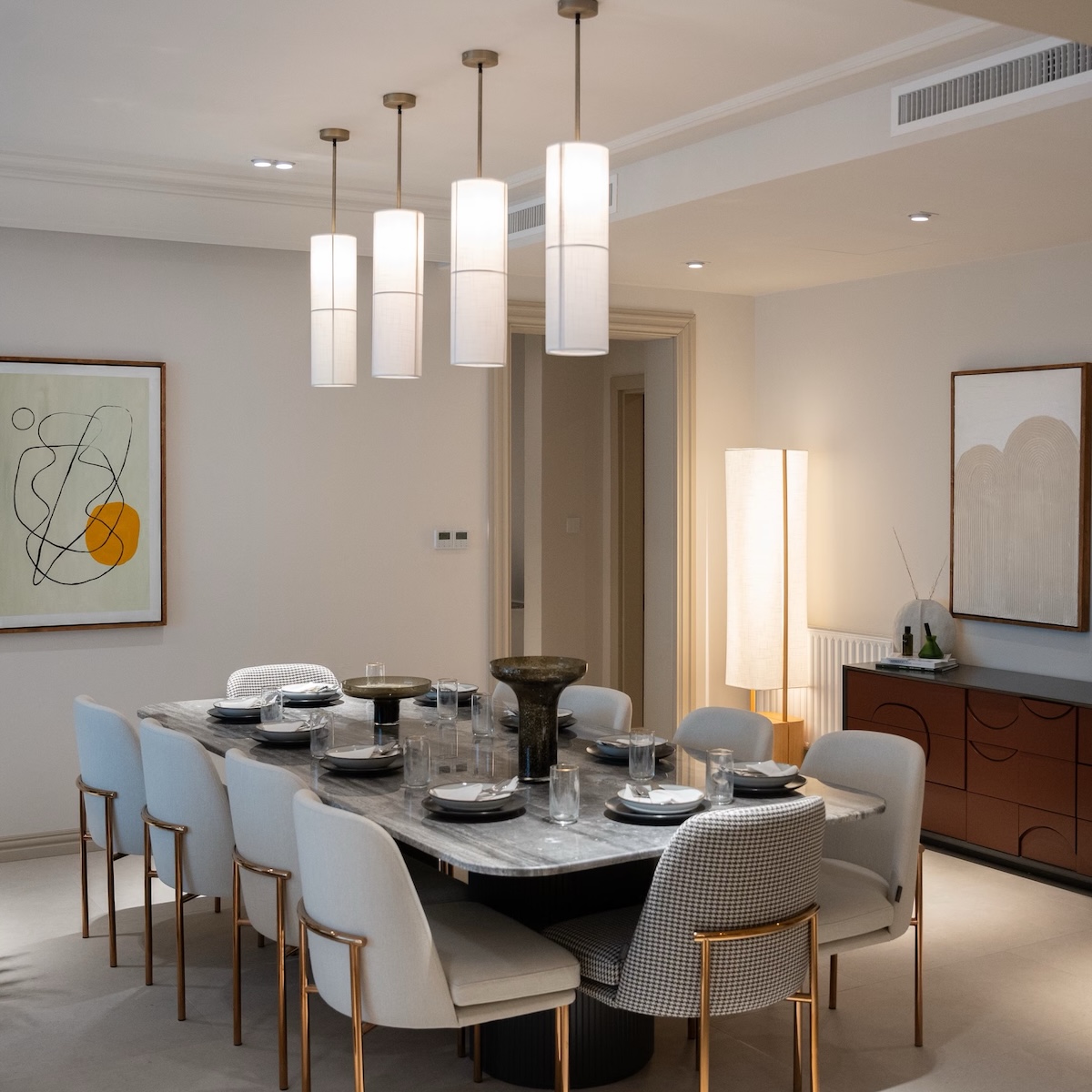 dining room with lovely table and lights.